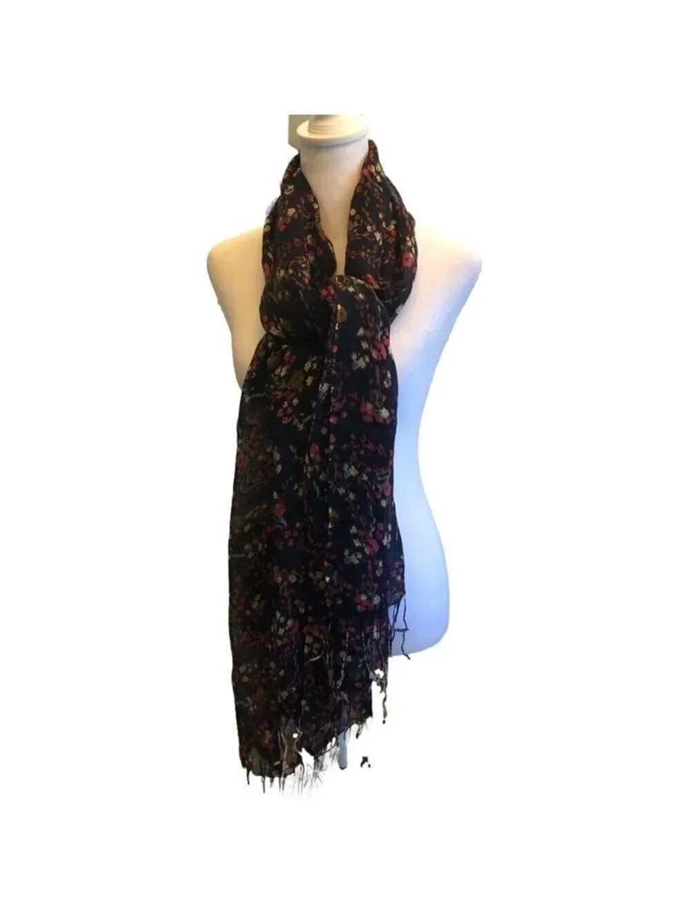 Scarf/wrap. Navy blue background with all over floral print. Lightweight. OS